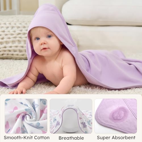 Image of Baby Girl Bath Towels for Newborn, 100% Cotton Hooded Baby Towels for Infant Toddler, 2 Pack Bath Towels with Hood for Kids, 32x32 Inch Soft & Absorbent Knit Terry Bath Essentials Pink Rainbow