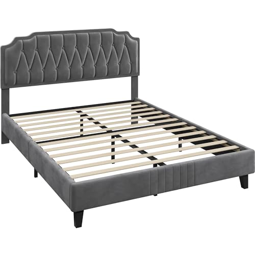 Yaheetech Queen Size Bed Frame, Velvet Upholstered Platform Bed with Curved Headboard, Mattress Foundation/Strong Wooden Slats Support/No Box Spring Needed/Easy Assembly/Dark Grey - Thumbnail 4