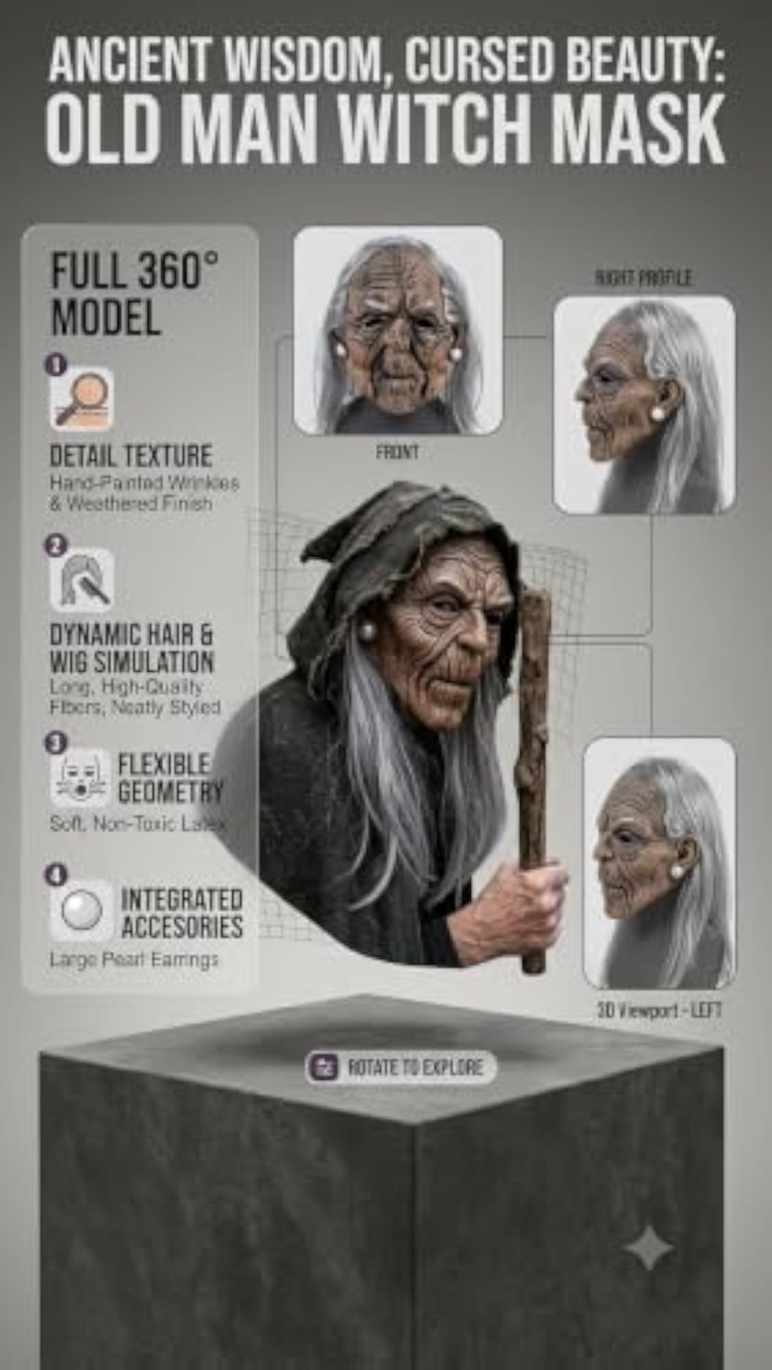 Realistic Old Witch Mask with Grey Hair & Hood