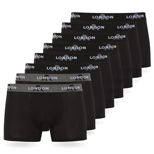 FM London - Bóxers para hombre, suaves, ropa interior elástica para uso diario paquete de 4/8, Negro (Pack de 8), M
