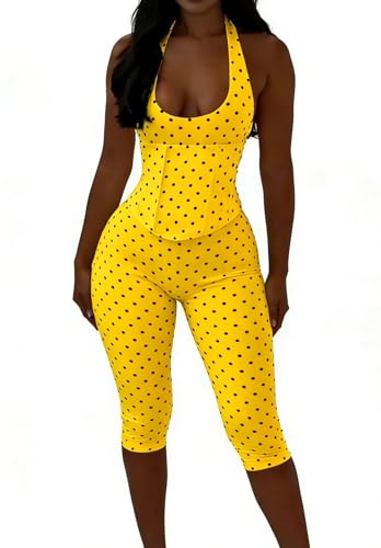 BOKITECAO Women Sexy Jumpsuit Polka Dot Print Halter Neck Backless Back Cross Bodycon Rompers Outfits