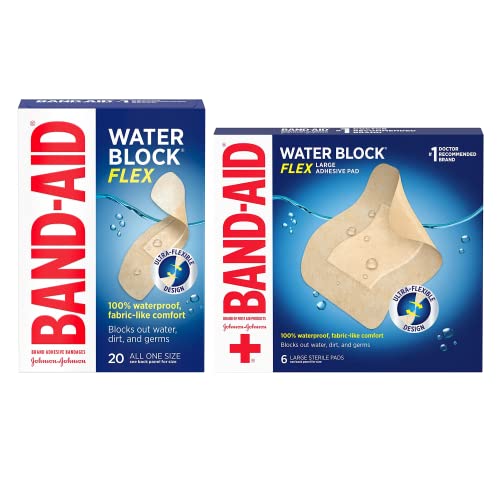 Band-Aid Brand Water Block Flex 100% Waterproof Adhesive Bandages for First Aid & Wound Care, Sterile Ultra-Flexible Design, 20 ct Box of All One Size + 6 ct Box of Large Sized Bandages