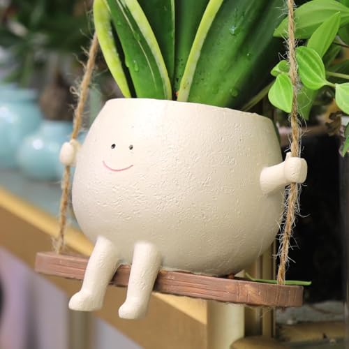 Image of Hanging Smiley Planter Pot - Cute Swing Style Resin Pot for Succulents, Balcony & Indoor Outdoor Home Decor | No Plants or Floral Included (Swing Face Planter Pot)