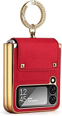 Boaoige for Samsung Galaxy Z Flip 3 5G Case with Ring, Faux Leather Plating Frame Small Screen Protection Luxurious Beauty Shock Resistant Scratch Proof Hard Case (Red)