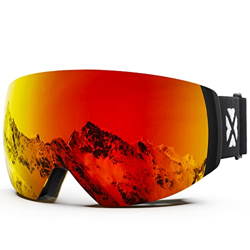 Image of MAXJULI Ski Goggles Men Women with Cover,OTG Snow Goggles with Magnetic Interchangeable Anti-Fog HD Lens UV Protection (Black Frame /Red Lens)