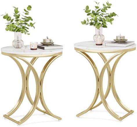 TribesignsSmall Round Sofa Side Table Set of 2, Contemporary Round Coffee Table, Accent Bedside Table (Faux Marble)
