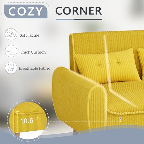 Image of Shintenchi 48'' Loveseat Sofa, Mid-Century Modern Upholstered Couch Deep Seat with 2 Pillows, 10 inch Thick Cushion with Spring, Solid Wood Frame Small Couch for Living Room, Dorms & Office, Yellow