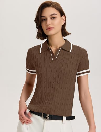 Image of Micoson Womens Short Sleeve Sweater Tops Lapel V Neck Polo Shirts 2026 Summer Cable Knit Loose Blouse Business Casual Outfits