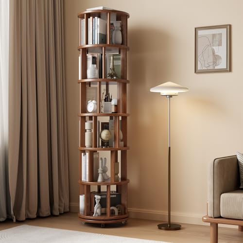 Muwuele 6 Tier Rotating Bookshelf Tower, Solid Wood Bookshelf on Wheels, Circular Book Shelf Rotating, Revolving Bookcase for Small Spaces, Corner Book Case, Spinning Book Shelf for Bedroom, Walnut