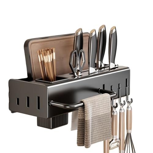 WYQXTY Wall Mount Kitchen Spice Utensil Rack Kitchen Utensil Rack Wall Mount, No-Drill, Hooks, Knives Chopsticks, White, Black, 30-60cm(Black,30cm)