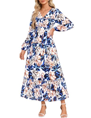 GRACE KARIN Women's Fall Wedding Guest Dresses 2026 Floral Long Sleeve V Neck Maxi Dress Boho Flowy Outfit with Pockets Blue Yellow Floral L