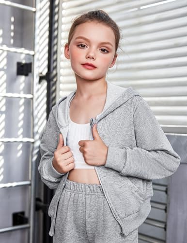 Arshiner Girls Zip Up Hoodies Cropped Full-Zip Hoodie Kids Casual Sweatshirt Spring Fall Jackets Light Grey Size 14-16 — view 8
