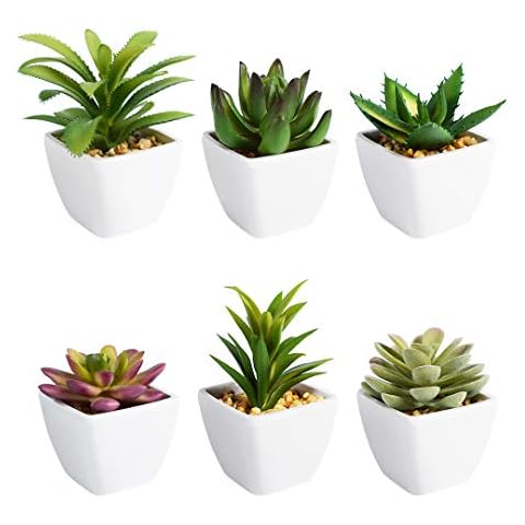 Artificial Succulent Plants, 6 Pack Fake Faux Succulents for Indoor Decor Office Room Decoration Small Tiny Realistic Plants in White Plastic Potte Cover