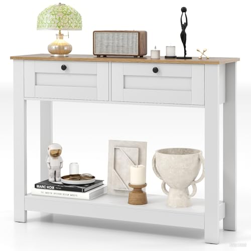 LIFEZEAL Console Blanche en Bois, Table d'Entrée avec 2 étagères et Tiroirs, Protection Anti-basculement, Console Monderne pour Entrée, Salon, Max. 80 kg, 106 x 30 x...