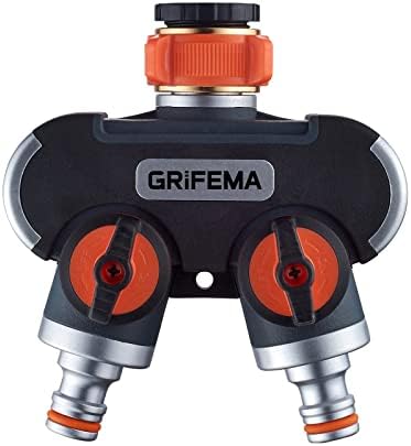 GRIFEMA 2-Wege-Verteiler, 3/4 Zoll und 1/2 Zoll Wasseranschluss Verteiler, 2 Geräte Können Gleichzeitig Verbunden Werden, Einstellbarer Wasserdurchfluss, Orange / Schwarz