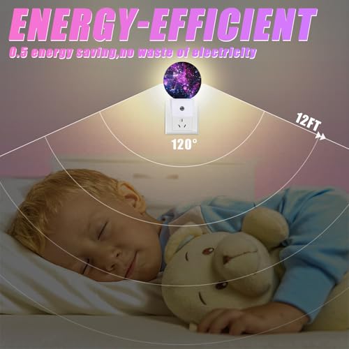 Image of Starry Sky Night Light Purple Galaxy Space Night Lights LED Lamp Round Plug into Wall Nightlight with Dusk to Dawn Sensor Home Hallway Stairway Kitchen Decor