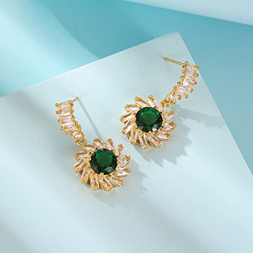 Ganquya 14K Gold Plated Round Cut Emerald & Baguette Cubic Zirconia Sunflower Earring For Women, Flower Huggie Dangle Drop Hoop Earrings #TOP3