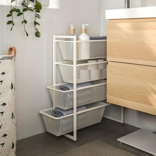 Slim White Storage Tower with 4 Mesh Basket Drawers, Space-Saving Metal Organizer for Bathroom, Bedroom, Office, or Entryway, 20.1 x 9.88 x 27.5 Inches