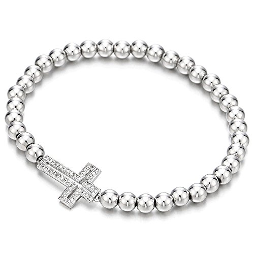 COOLSTEELANDBEYOND Sparkling Beads Bracelet for Women with Cubic Zirconia Horizontal Sideway Cross