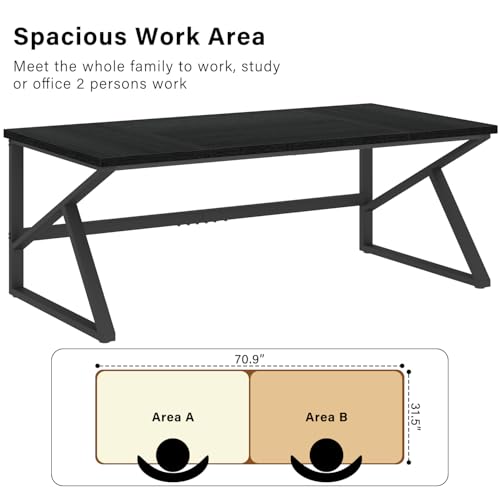 Image of HSH 70 Inch Long Black Desk, Large Metal Wood Computer Desk for 2 Monitors, Modern Home Office PC Laptop Desk for 2 People Executive Writing Work Study Gaming, Simple Bedroom Living Room Black Table