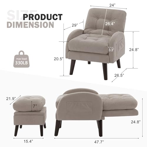 SENYUN Accent Chair with Ottoman, Comfy Living Room Chair and Storage Ottoman Set, Adjustable Extra-Thick Padded Backrest & Side Pocket, Lazy Sofa Chair for Bedroom - Thumbnail 2