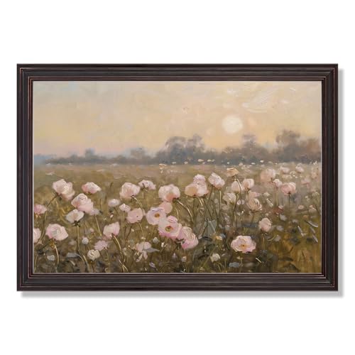 horakey Vintage Pastel Pink Wildflower Landscape Poster Serene Meadow Blossoms