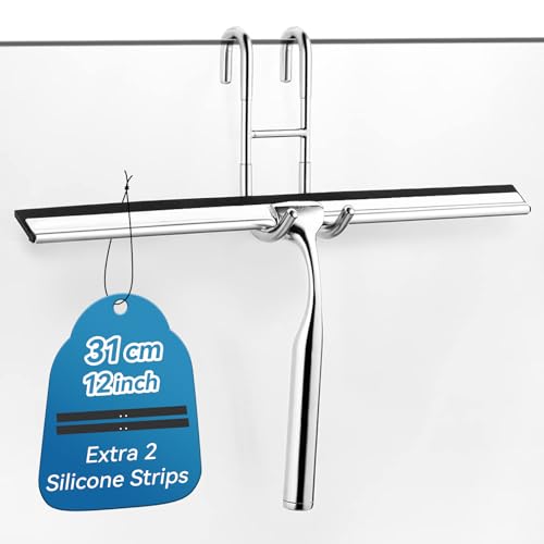 ecooe Stainless Steel Shower Squeegee with Hook, 12″ Shower Glass Cleaner Wiper Scraper with 2 Replacement Blade Window Squeegee for Home Bathroom Kitchen Car Glass Doors