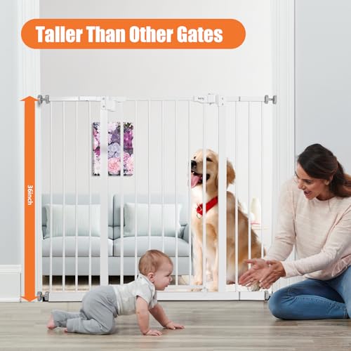 Image of keny 36 inch Extra Tall Baby Gate for Stairs, 29-42.5 inch Wide Auto Close Dog Gate | Pressure Mounted Easy Walk Through Pet Gate for Doorways, Durable Safety Stair Gate, White