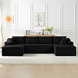 134 Inch Modular Sectional Sleeper Sofa, Boneless Cloud Couch for Living Room, U Shaped 5 Seat Sofa with 2 Storage Pockets& 2 Cup Holders, Free Combination, No Assembly Required (Black)