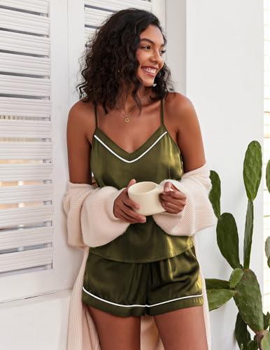 Image of Ekouaer Pajamas for Women Set Silk Satin Pjs Sexy Lingerie Sleepwear Cami Shorts Set Summer Nightwear S-XXL