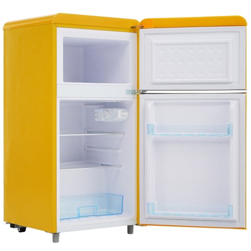 Mini refrigerador compacto de 72 L con congelador, puerta doble retro, 7 niveles de temperatura ajustables y estantes extraíbles para dormitorios, oficinas y dormitorios.,Yellow