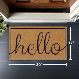 Barnyard Designs Natural Coco Coir Heavy Duty Backing Doormat - Large Cute Non-Slip Front Door Welcome Mat for Outside Entrance or Porch Entry, Brown (17x30, Hello)