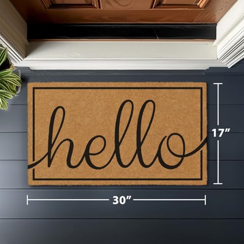 Barnyard Designs Natural Coco Coir Heavy Duty Backing Doormat - Large Cute Non-Slip Front Door Welcome Mat for Outside Entrance or Porch Entry, Brown (17x30, Hello)