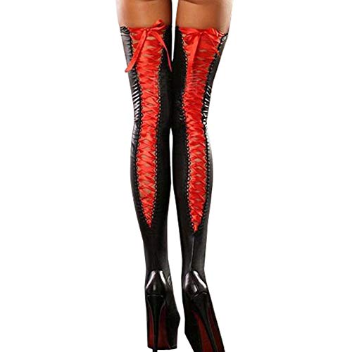 Shineweb Sexy Socks Club Women Thigh-high Stockings Lace Up Bandage Long Socks Black + Red