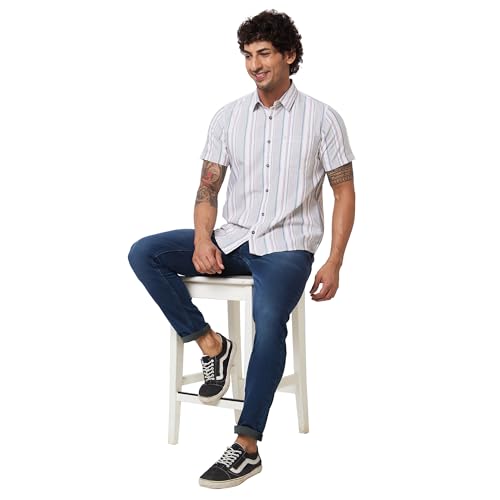 Image of Spykar Men's Regular Fit N /A Half Sleeve Striped Casual Shirts