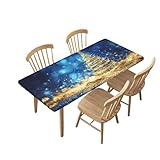 GTEVUTS Christmas Tree Gold Blue Rectangle Fitted Tablecloth Elastic Edged,25x60 inch, Holiday Winter Reusable Polyester Table Cover for Kitchen Dining Patio Wedding Outdoor Decor
