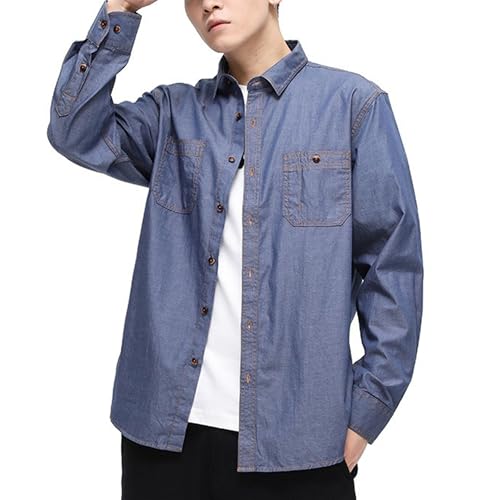 Men Casual Button Lapel Denim Shirt Young Handsome Single Breasted Jean Shirt Fall Classic Comfy Faux Denim Shirts2