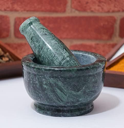 Crocon Natural Green Marble Mortar and Pestle Set Hand Grinder Set for Spices Herbs Seasonings Pastes Pesto & Guacamole Crusher Handmade Stone 4 Inch Molcajete Bowl for Kitchen Essential Best Gift