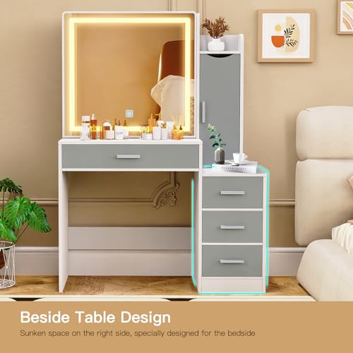 usikey Makeup Vanity Desk, Makeup Vanity Table with Sliding LED Lighted Mirror, Vanity Table with 4 Drawers & Cabinet, 3 Lighting Modes & Brightness Adjustable, Bedroom Dressing Table, White and Grey