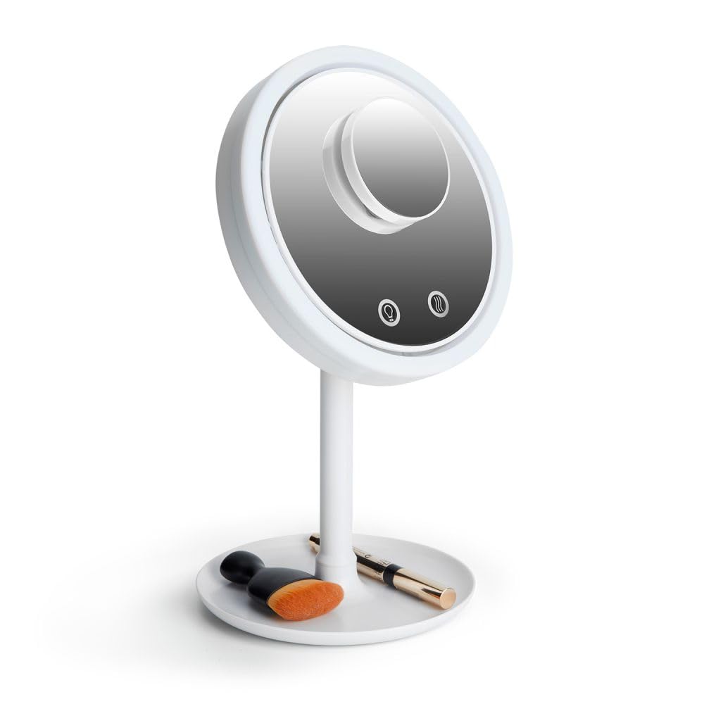 UKIUAN Espejo Maquillaje Aumento con Luz Led y Ventilador Integrado Regulables - Espejo Tocador Organizador Maquillaje 3 Tonos de Luz - Espejo Tocador Touch - Espejo Led Aumento Inclinable