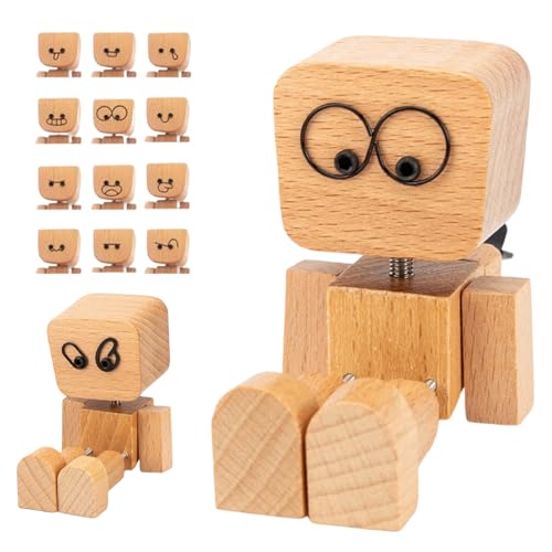 2026 New Shaking Wooden Man Figurine for Car Dashboard Decor with 12 Magnetic Expressions Fun Dancing Feet Doll for Car Ornaments and Wood Desktop Decor for Personalized Desktop Decoration.