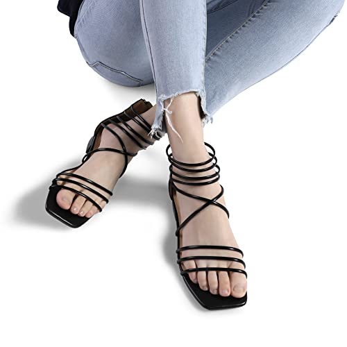 Dream Pairs Women's Summer Casual Strappy Sandals Dressy Cute Square-Toe Comfortable Flat Shoes, Black, Size 8, Sdfs227W #TOP4