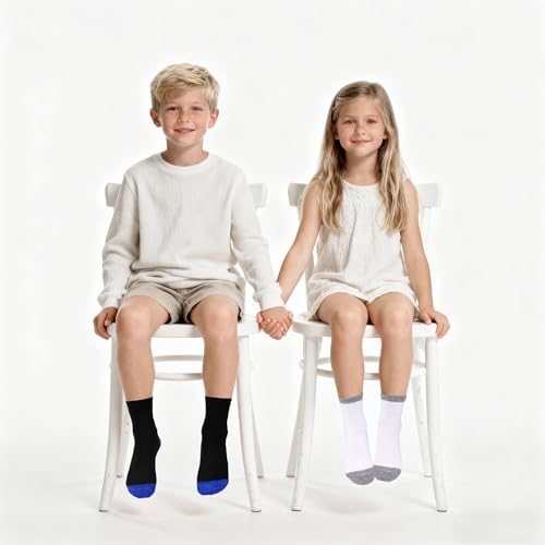 Image of 12 Pairs Kids Crew Socks,Black School Socks for Unisex Ages 1-13 | Trendy color-block design on classic black base,for school uniforms, athletic activities and indoor home leisure