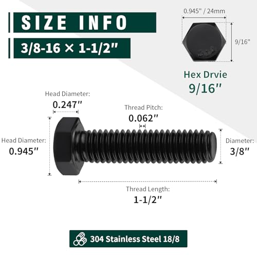Image of 3 /8-16 x 1-1 /2 inch Hex Head Bolts Black, 304 Stainless Steel 18-8 Hexagon Head Screws Bolts, Black Oxide Finish, Allen Hex Drive, 10 PCS