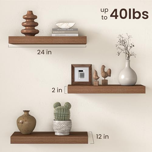 Image of Fun Memories 12 Inch Deep Walnut Floating Shelf, 24 x 12 Rustic Wood Wall Shelf for Books, 2 inch Thick Deep Floating Shelf for Storage & Display in Kitchen, Living Room, Bedroom, 2 Packs