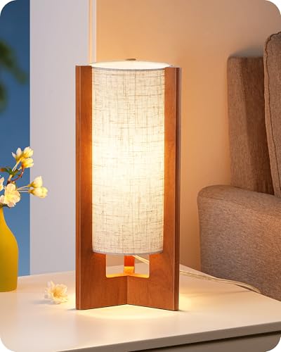 EDISHINE 13.5" Small Table Lamp, Walnut Wood Cylinder Nightstand Lamp