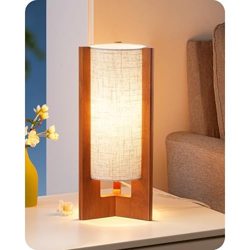 EDISHINE 13.5" Small Table Lamp, Walnut Wood Cylinder Nightstand Lamp for Bedroom, Beige Linen Shade, Corner Modern Bedside Lamp for Living Room, On-Off Line Switch, E26 Base (Bulb Not Inclu