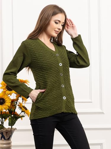 Image of Women's Winter Woolen Cardigan | Full Sleeve Textured Buttoned Sweater for Women | Soft Wool V-Neck Warm Knitted Outerwear for Office & Casual Wear