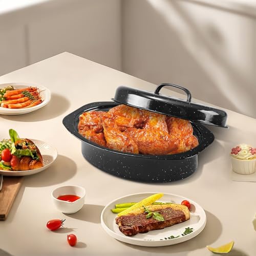 image for DIMESHY 13Inch Roasting Pan, Enamel on Steel, Black Covered Oval Roast