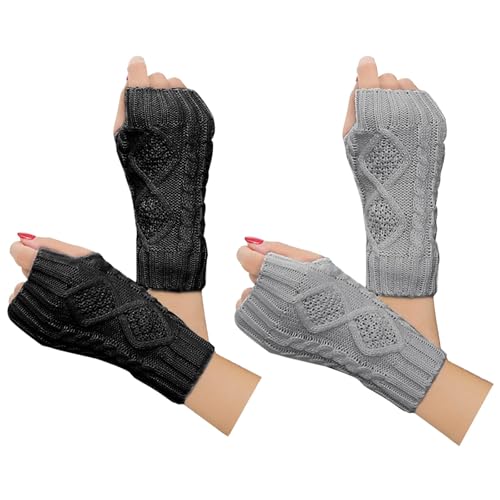 Justay Women Winter Warm Knit Fingerless Gloves Hand Crochet Thumbhole Arm Warmers Mittens